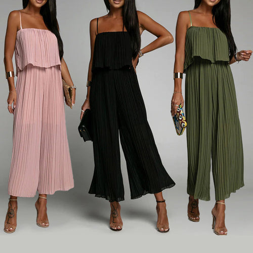 Spaghetti Strap Ruffle Hem Pleated Wide Leg Jumpsuit