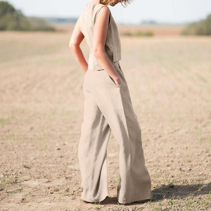 Solid Cotton Linen Casual Sleeveless Loose Suit