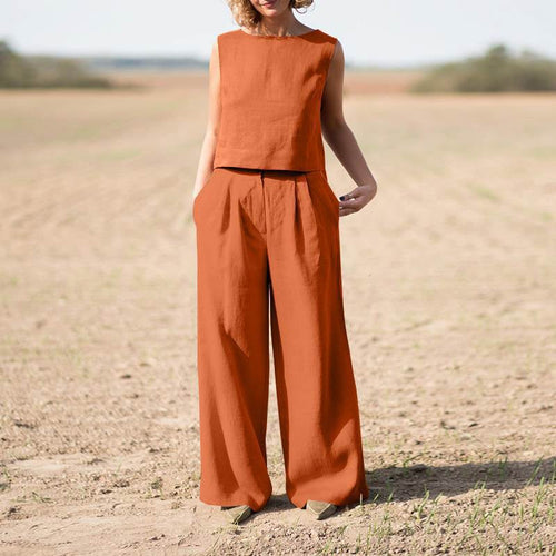 Solid Cotton Linen Casual Sleeveless Loose Suit