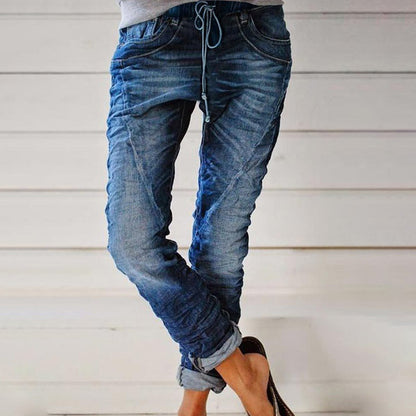 Ripped Drawstring Elasticated Waist Washed Jeans