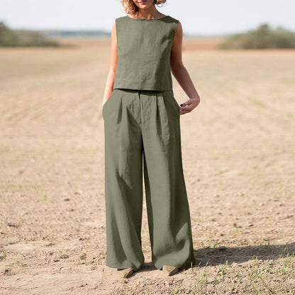 Solid Cotton Linen Casual Sleeveless Loose Suit