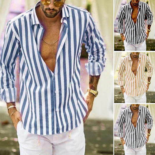 Men's Cotton Linen Striped Button Down Long Sleeve
