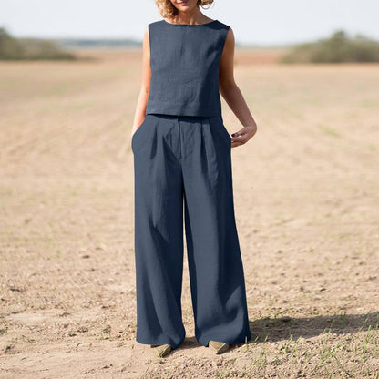 Solid Cotton Linen Casual Sleeveless Loose Suit