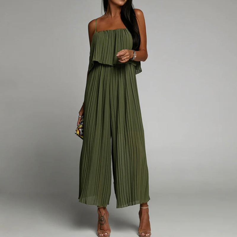 Spaghetti Strap Ruffle Hem Pleated Wide Leg Jumpsuit