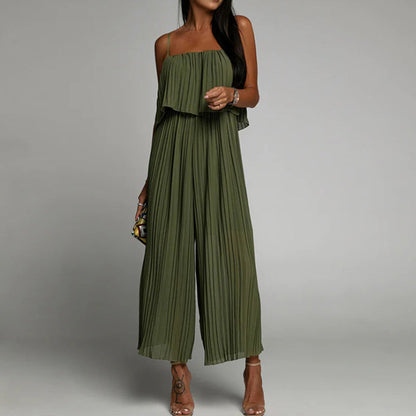 Spaghetti Strap Ruffle Hem Pleated Wide Leg Jumpsuit