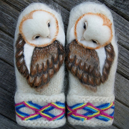 Hand Knitted Wool Nordic Mittens With Owls