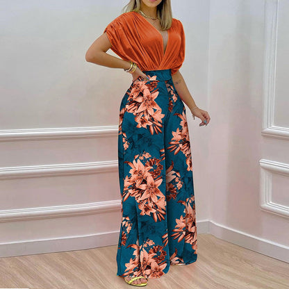 Solid Shirt & Floral Print Loose Pants Set