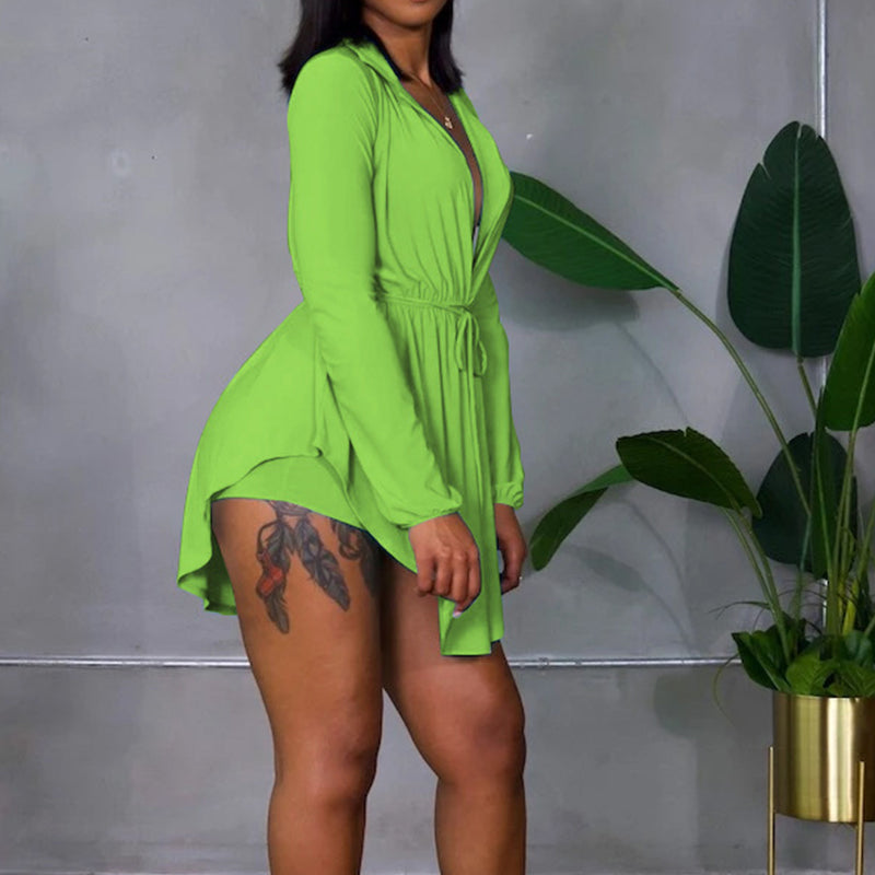Solid Overlap Belted Asymmetrical Hem Top & Shorts Set