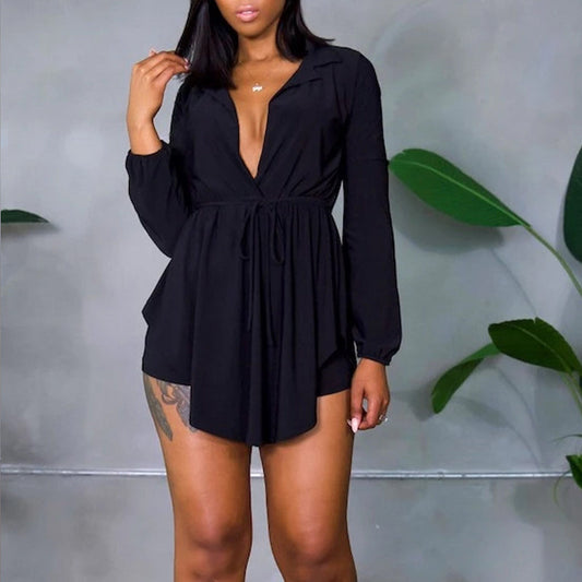Solid Overlap Belted Asymmetrical Hem Top & Shorts Set