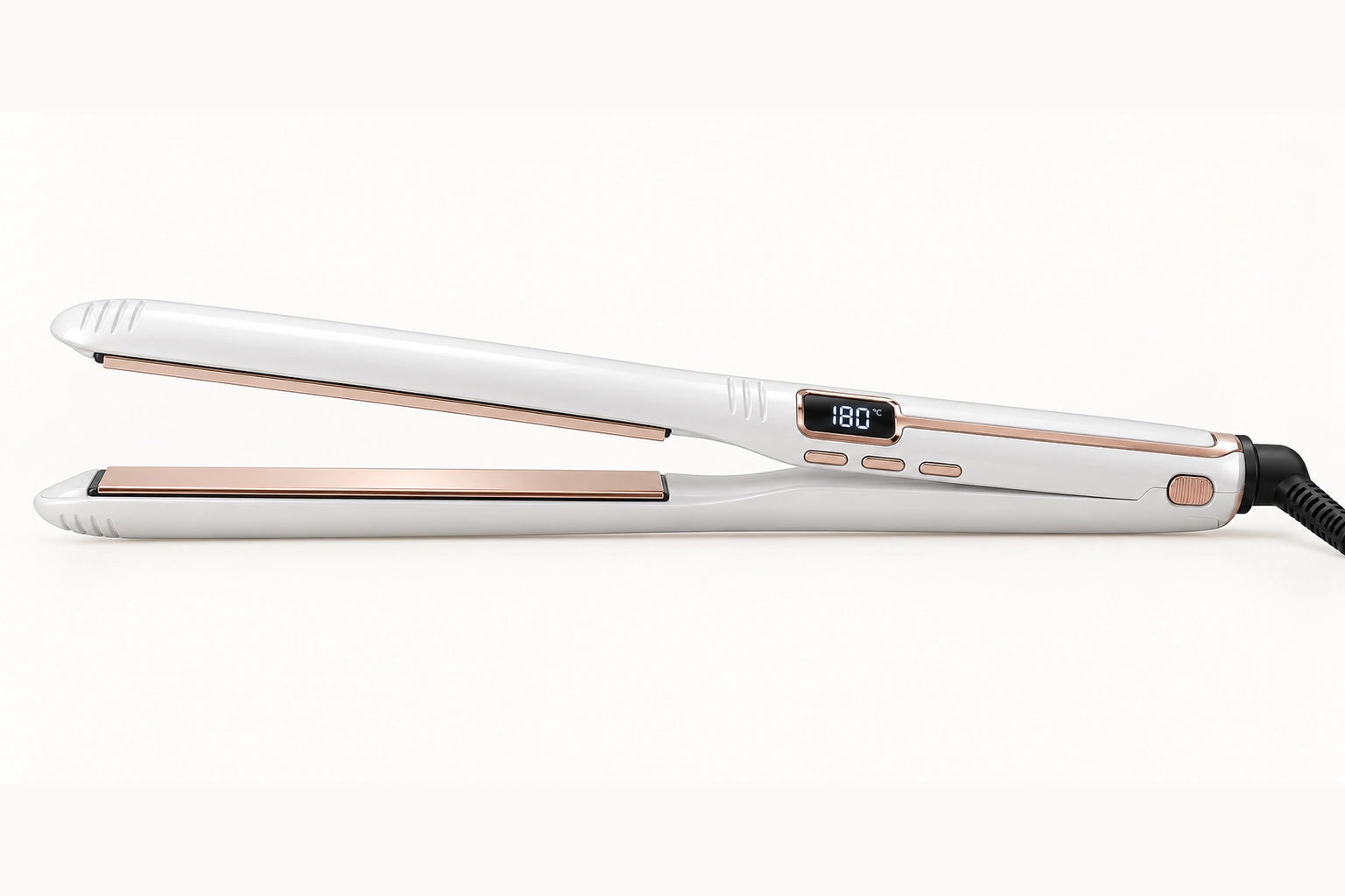 Side view of the open 1092S showing its long rose-gold titanium plates, cool-touch tip and LCD at 180 degrees Celsius