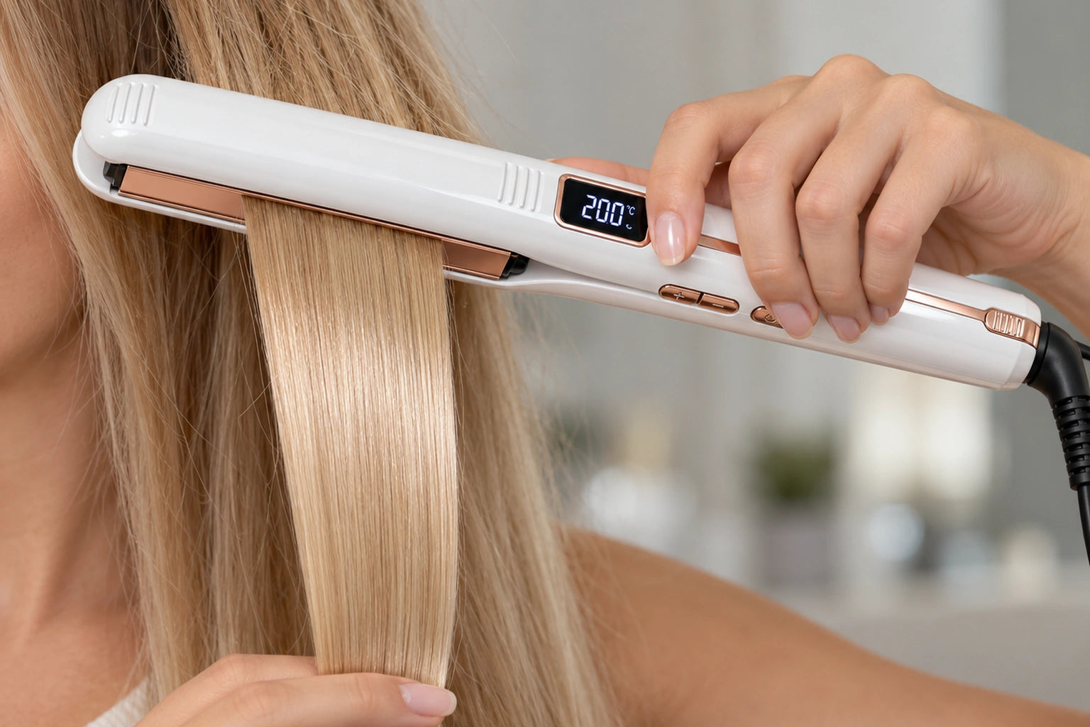 Close-up of hands gliding the white 1092S straight down a section of blonde hair, the hair coming out sleek and straight below the plates, LCD showing 200 degrees Celsius