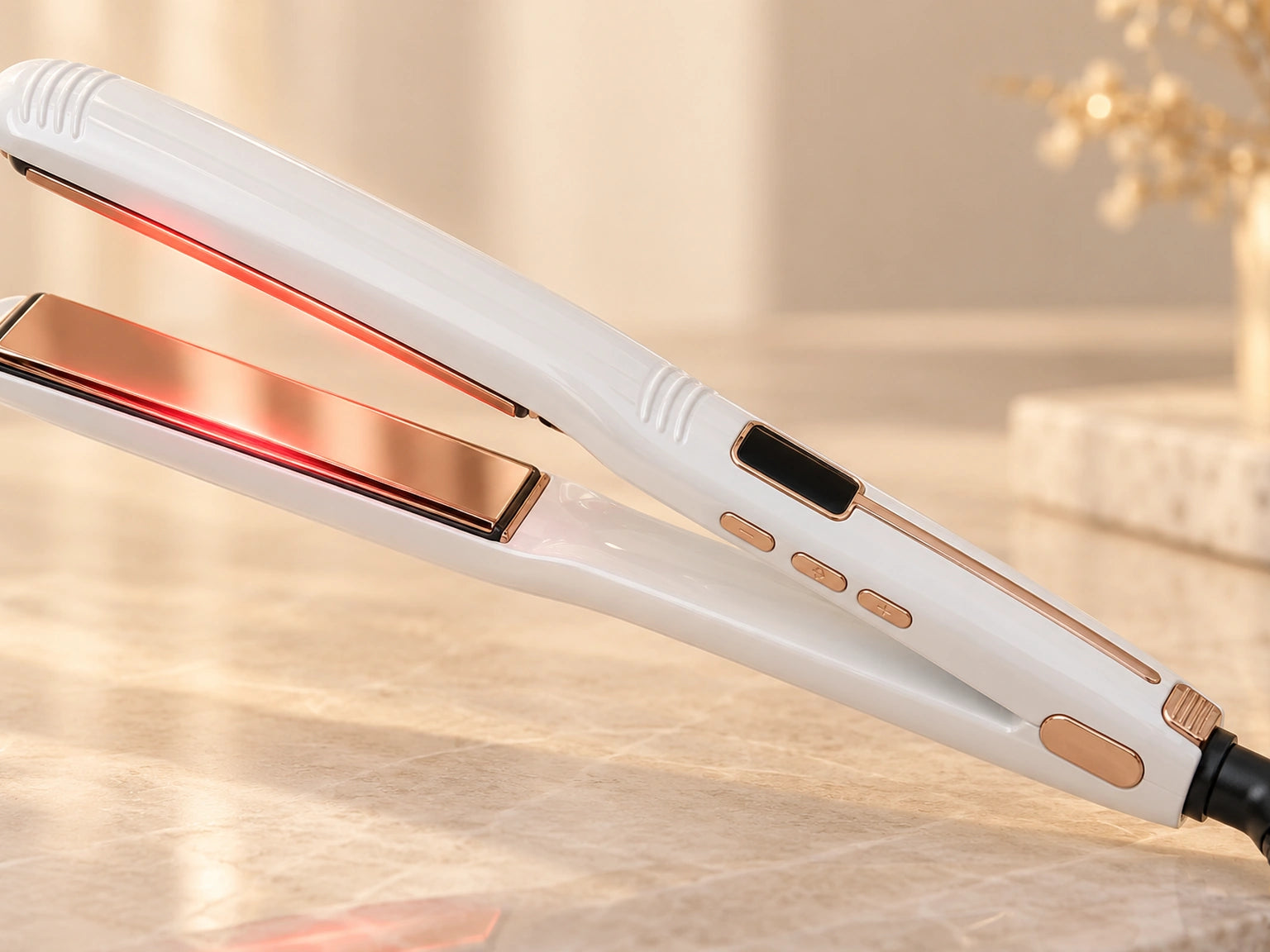 Close-up of the open white 1092S with red infrared light glowing between the rose-gold plates