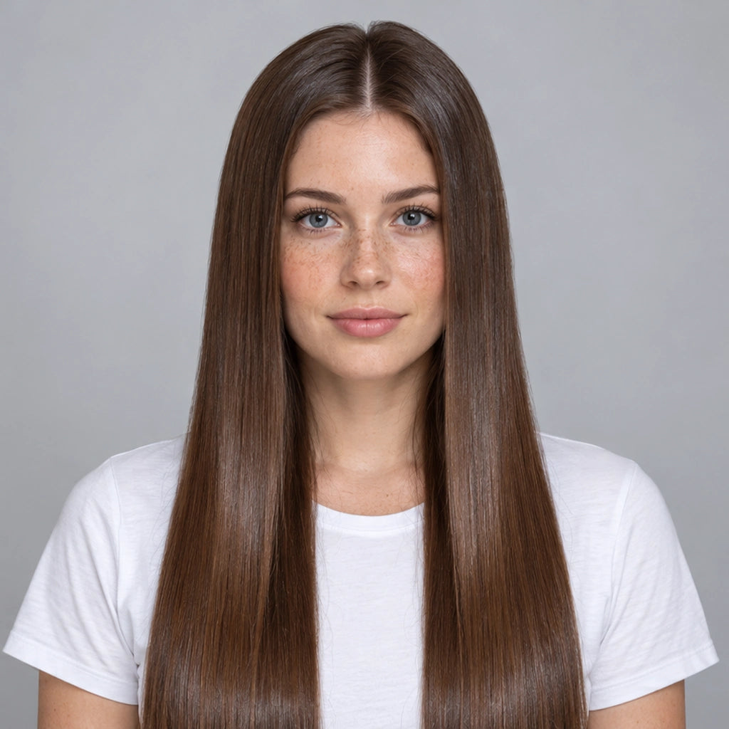After: Western woman with long straight sleek shiny brown hair