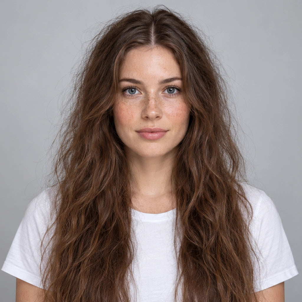 Before: Western woman with long frizzy curly brown hair