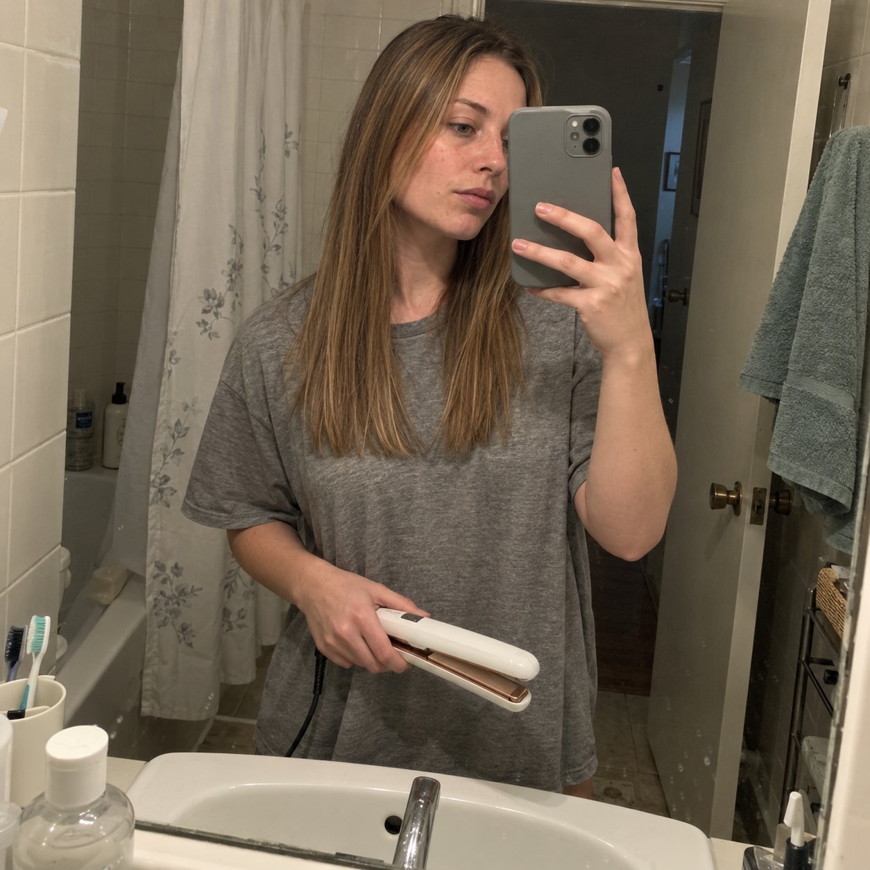 Real customer photo: woman with long straight light-brown hair taking a bathroom mirror selfie while holding the white SalonGlide