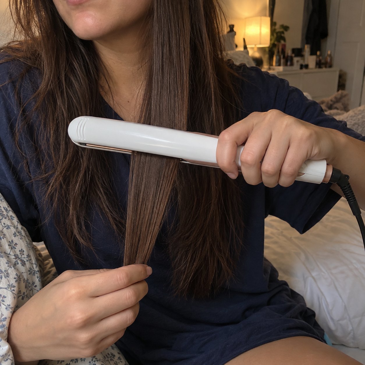 Real customer photo: close-up of a customer gliding the white SalonGlide down a section of long dark-brown hair, sleek and straight below the plates