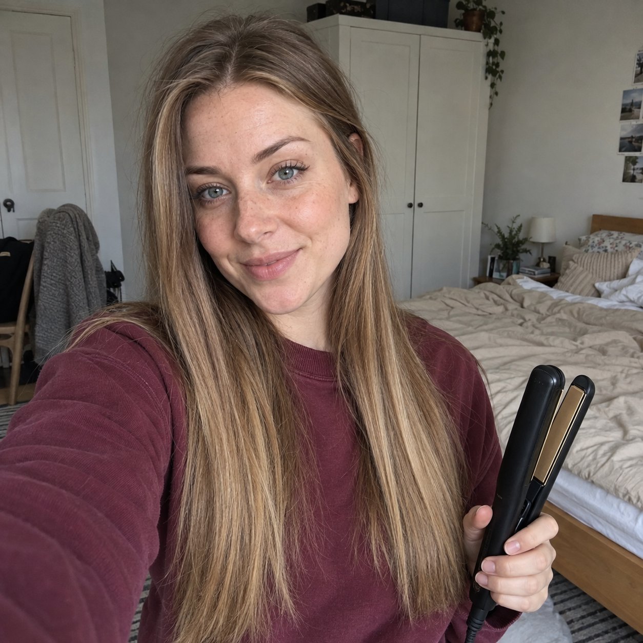 Real customer photo: woman with long straight blonde hair taking a selfie while holding the black SalonGlide in her bedroom