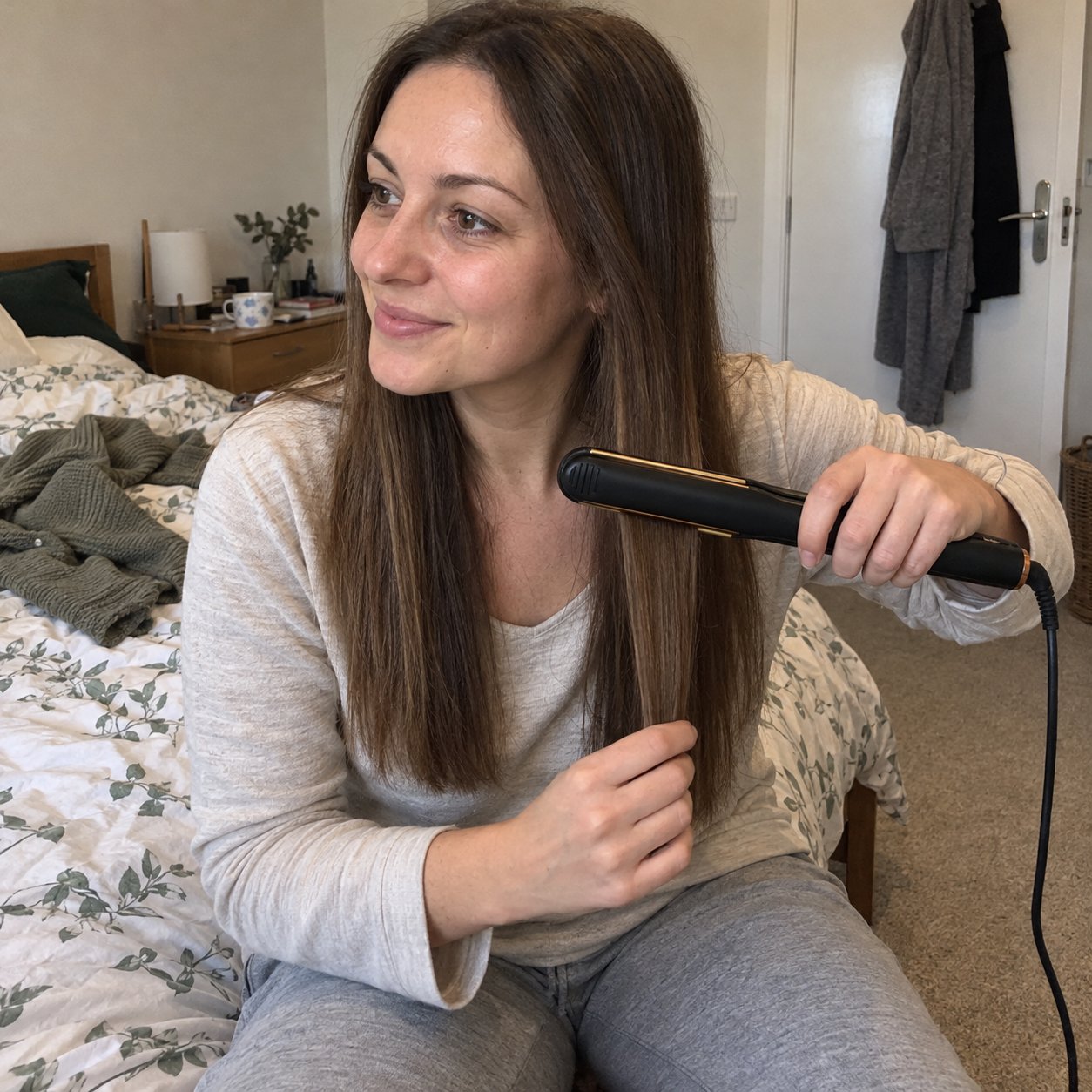 Real customer photo: woman sitting on her bed straightening her long brown hair with the black SalonGlide